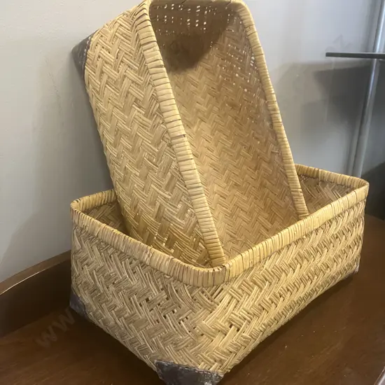 Pair of Vintage Woven Storage Baskets With Leather Corners. H16 L40 W24cm & H15 L38 W22cm