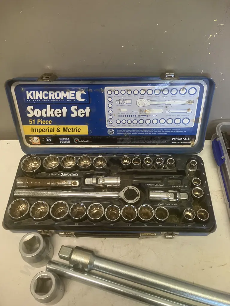 Kincrome 51 Piece Socket Set (As Found), Assorted Sockets In Container, Wheel Nut Spanner With 36 & 32mm Sockets Image 1++