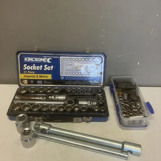 Kincrome 51 Piece Socket Set (As Found), Assorted Sockets In Container, Wheel Nut Spanner With 36 & 32mm Sockets