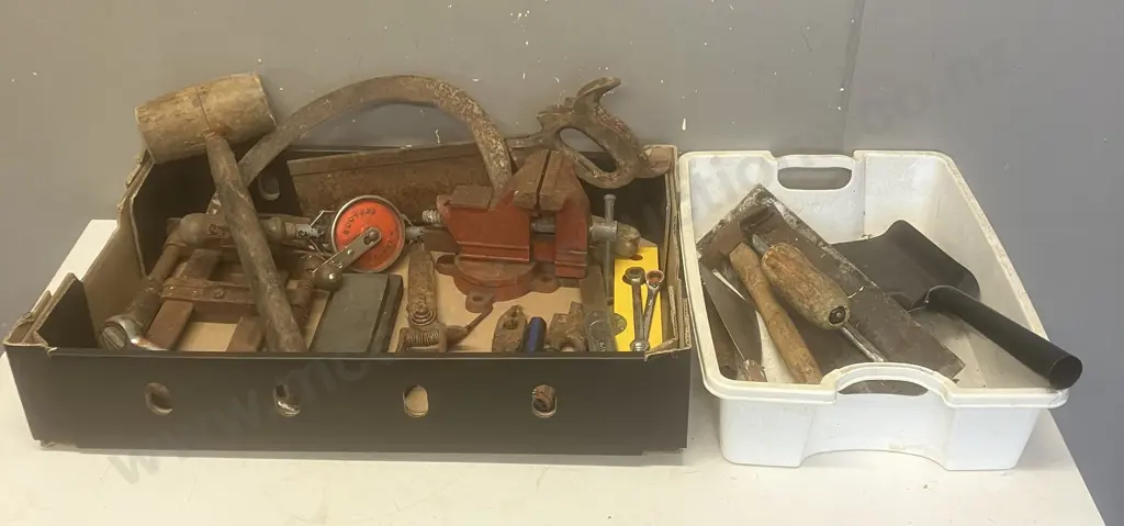 2 X Boxes Tools Some Vintage, Vice, Stanley Hand Drill, Sharpening Stone, Cement Trowel Etc Image 1++