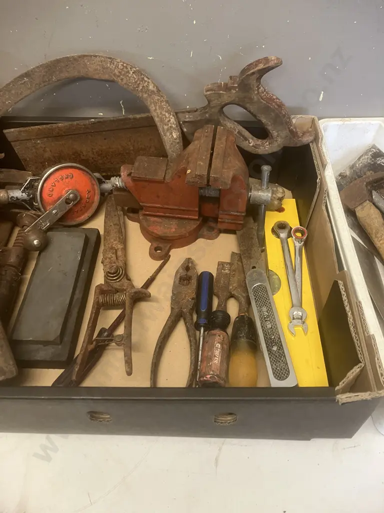 2 X Boxes Tools Some Vintage, Vice, Stanley Hand Drill, Sharpening Stone, Cement Trowel Etc Image 1++