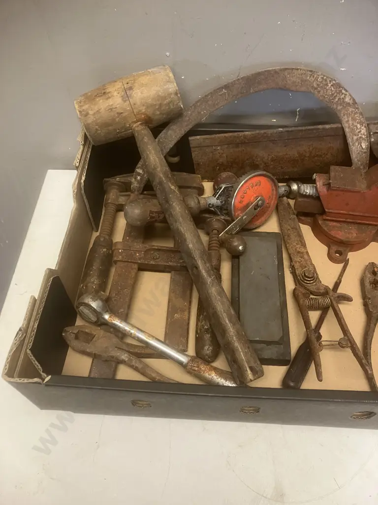 2 X Boxes Tools Some Vintage, Vice, Stanley Hand Drill, Sharpening Stone, Cement Trowel Etc Image 1++
