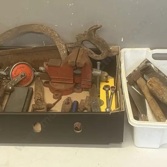 2 X Boxes Tools Some Vintage, Vice, Stanley Hand Drill, Sharpening Stone, Cement Trowel Etc