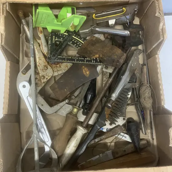 Box Lot Tools, Axe Heads Etc