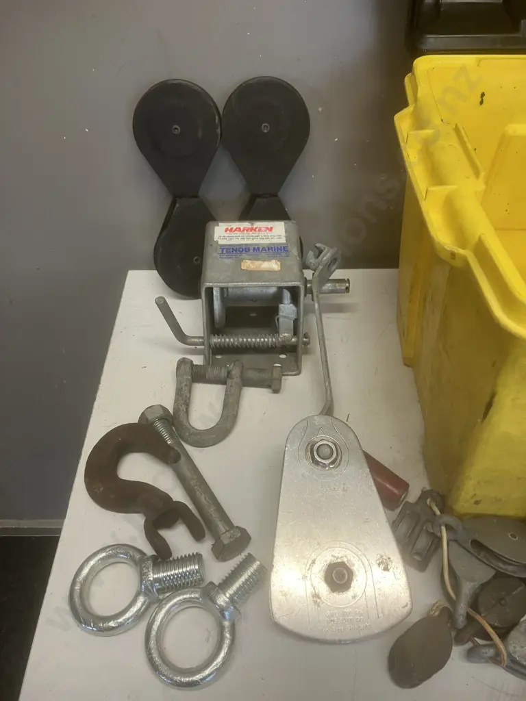 Yellow Lidded Storage Box, Pulleys, Hand Winch Etc Image 1++