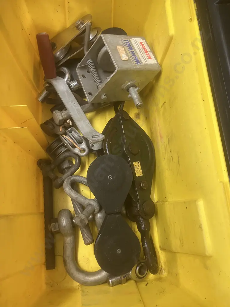 Yellow Lidded Storage Box, Pulleys, Hand Winch Etc Image 1++