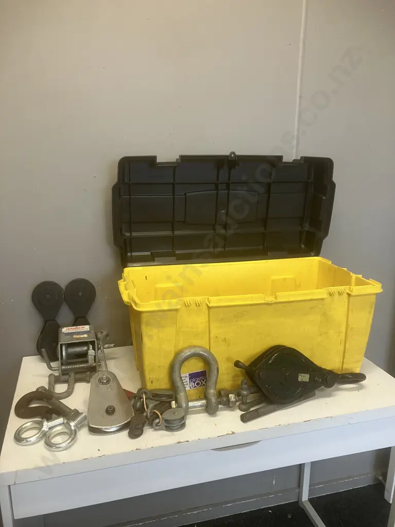 Yellow Lidded Storage Box, Pulleys, Hand Winch Etc Image 1++