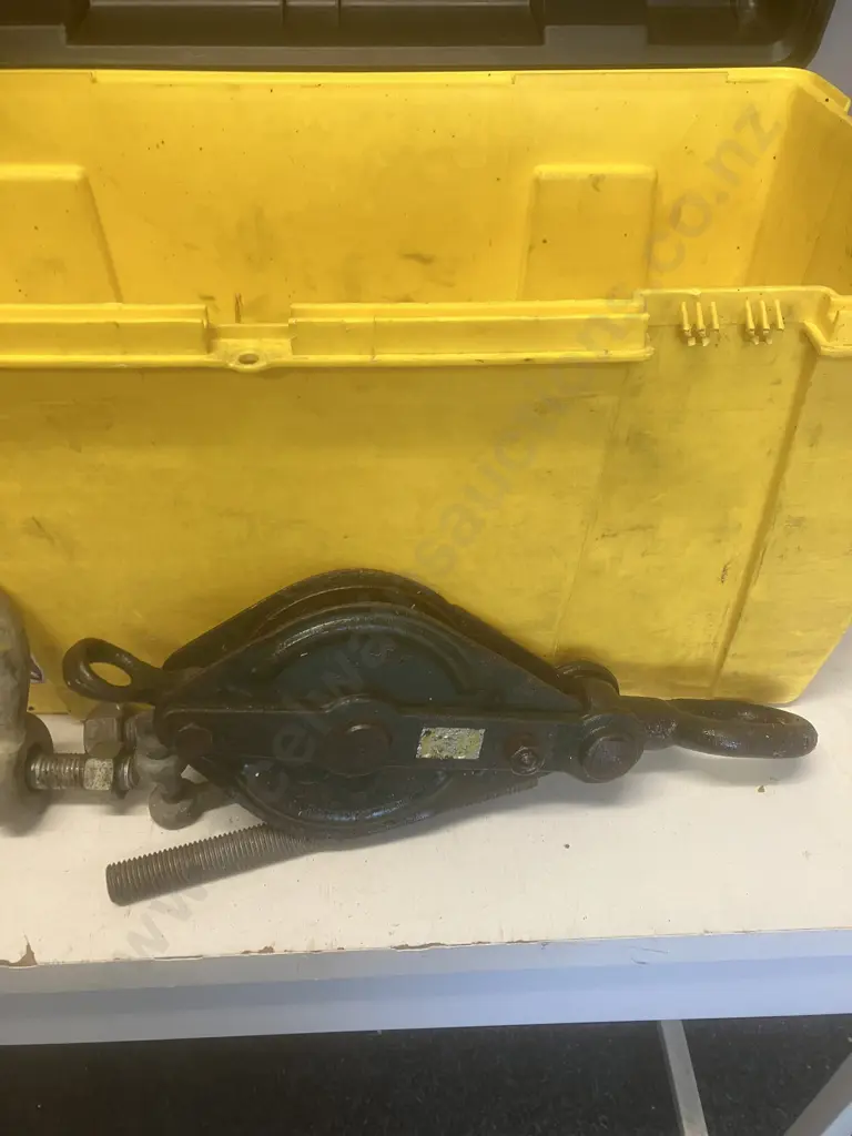 Yellow Lidded Storage Box, Pulleys, Hand Winch Etc Image 1++