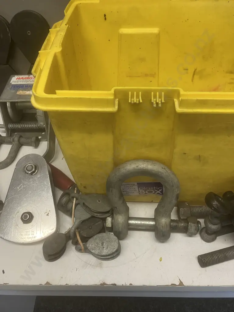 Yellow Lidded Storage Box, Pulleys, Hand Winch Etc Image 1++
