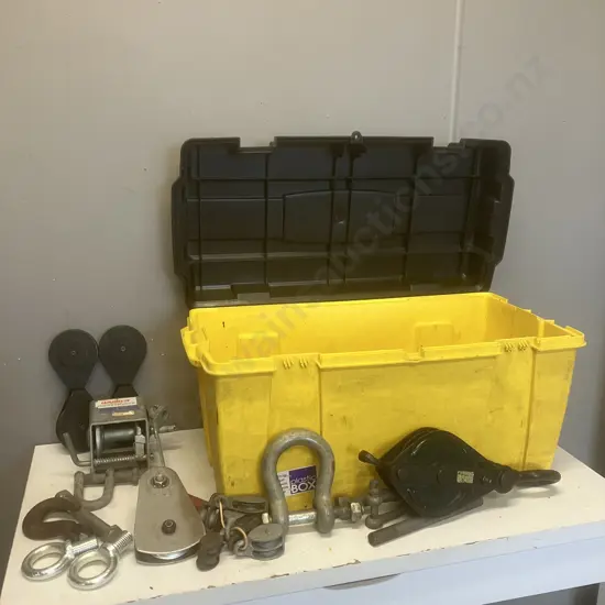 Yellow Lidded Storage Box, Pulleys, Hand Winch Etc