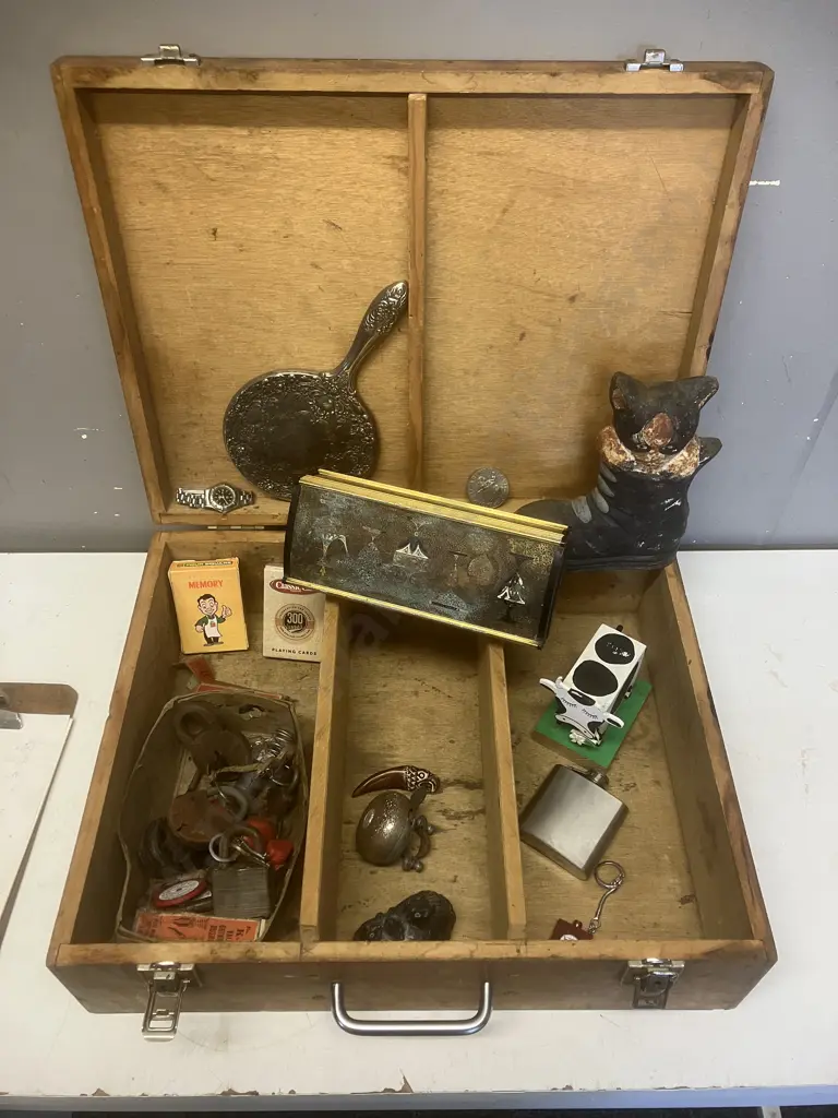 Wooden Case, Padlocks & Keys, Cards, Coin, Door Stop Etc Image 1++