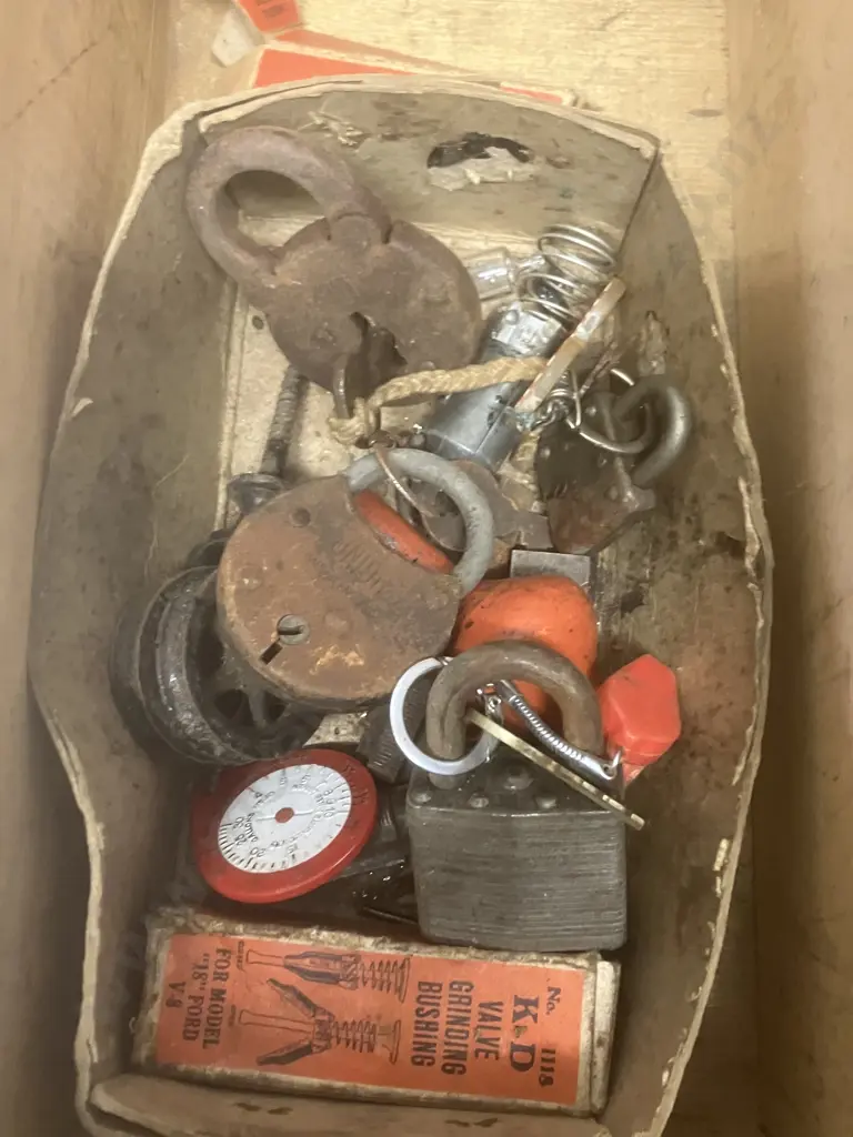 Wooden Case, Padlocks & Keys, Cards, Coin, Door Stop Etc Image 1++