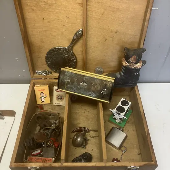 Wooden Case, Padlocks & Keys, Cards, Coin, Door Stop Etc