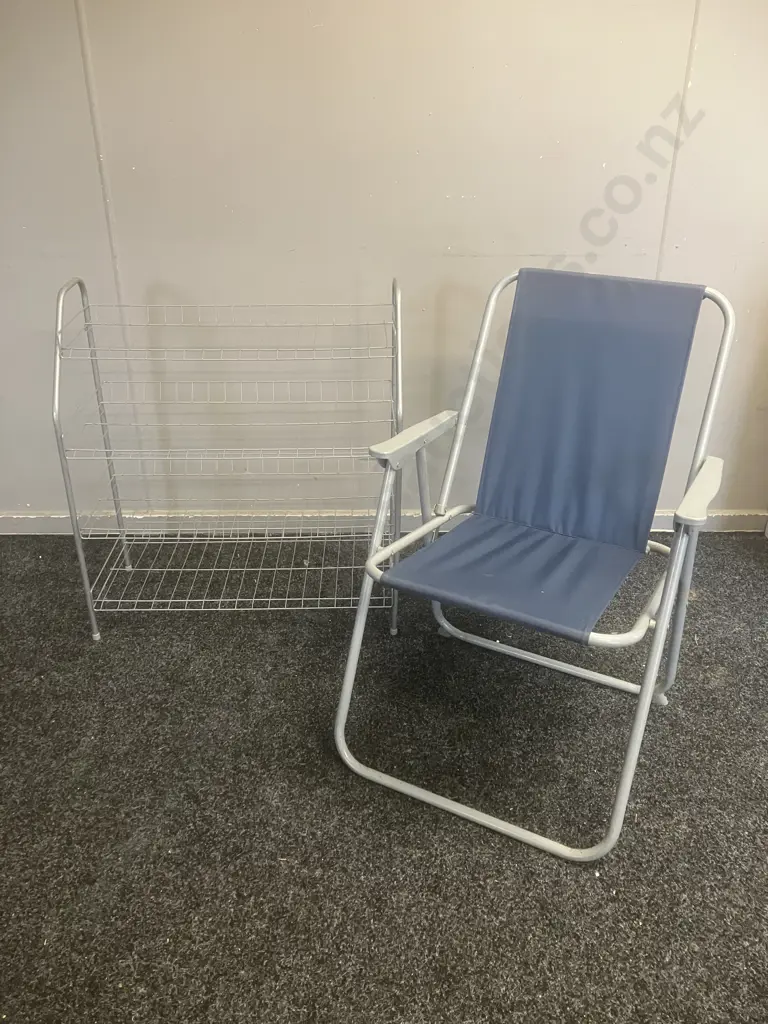 Grey Metal Shelf & Folding Chair Image 1++