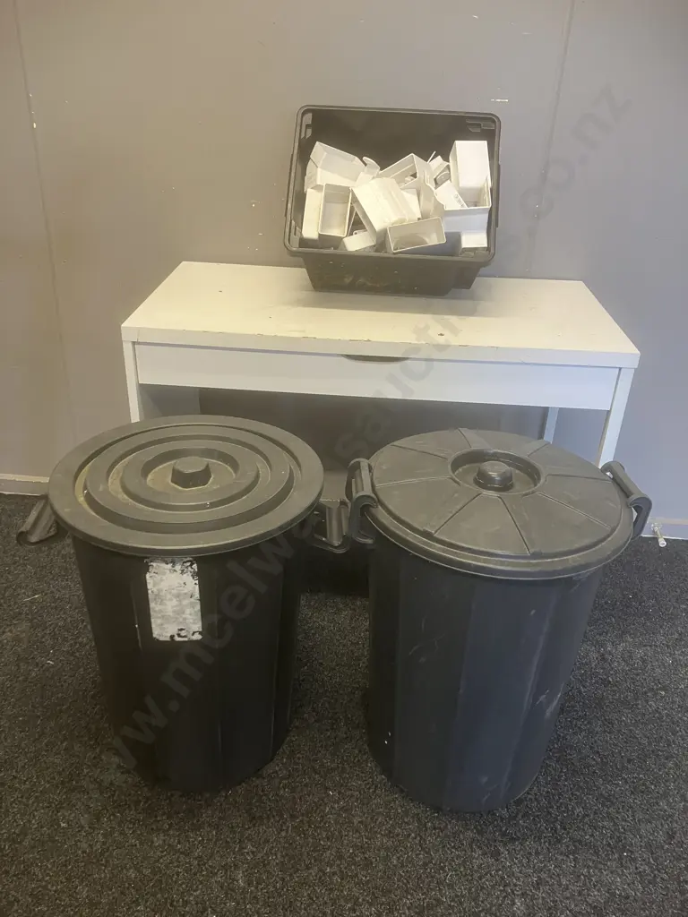 2 x Black Bins With Lids & Assorted Gutter / Downpipe Items In Black Bin Image 1++