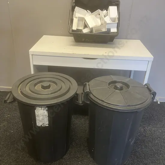 2 x Black Bins With Lids & Assorted Gutter / Downpipe Items In Black Bin