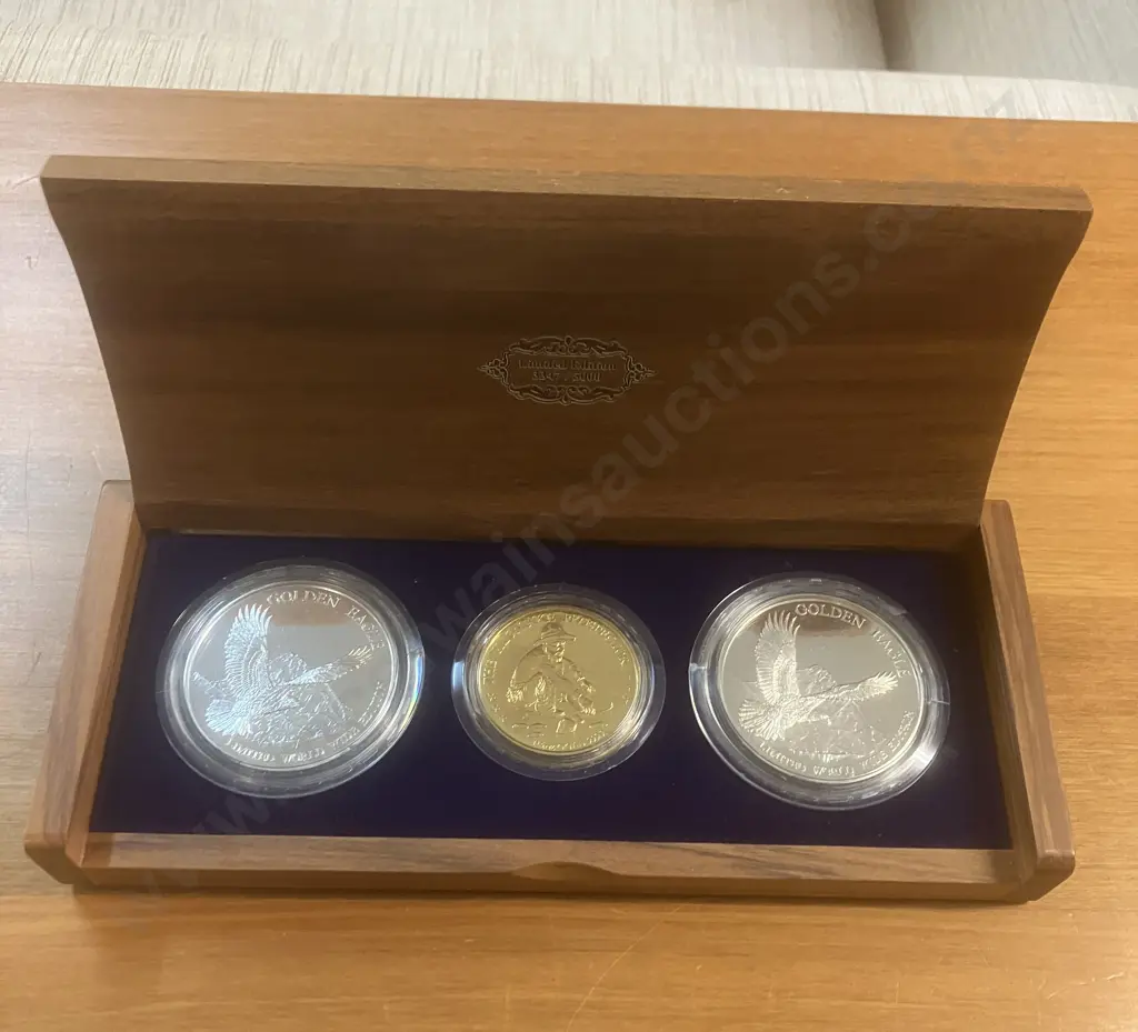 Klondike International Gold & Silver Prospector Three-Coin Set In Timber Display Case - #3347 / 5000 Image 1++