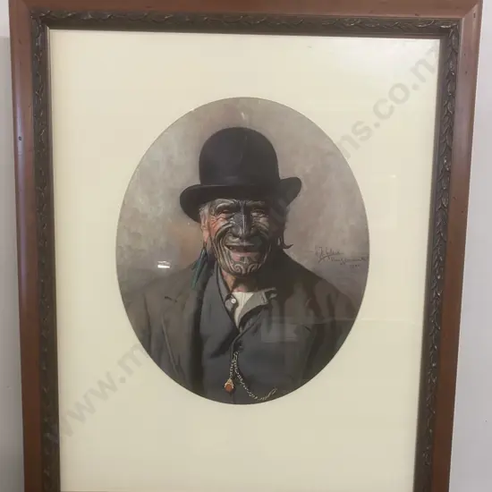 CF Goldie Art Print "A Good Joke" - Te Aho-te-Rangi Wharepu of Ngati Mahuta. Glazed & Matted Frame. 87.5 x 73cm