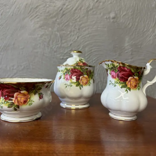 Royal Albert Old Country Roses Bone China Made In England Jam Pot With Lid, Sugar Bowl & Creamer