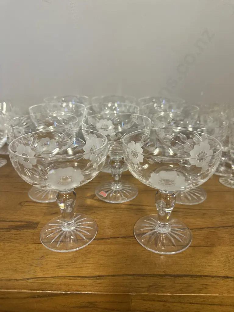 Royal Albert Glasses Old Country Roses Etched Crystal Flowers Champagne Glasses - Set of Eleven Image 1++