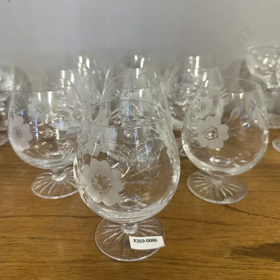 Royal Albert Glasses Old Country Roses Etched Crystal Flowers Brandy Glasses / Cognac Snifters - Set of Ten