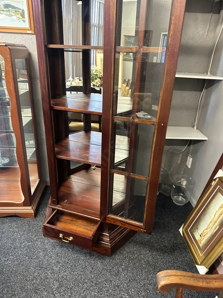Mahogany Stained Display Cabinet Mirrored Back, Single Door, Single Drawer & Three Shelves H190 W85 D43cm. Image 1++