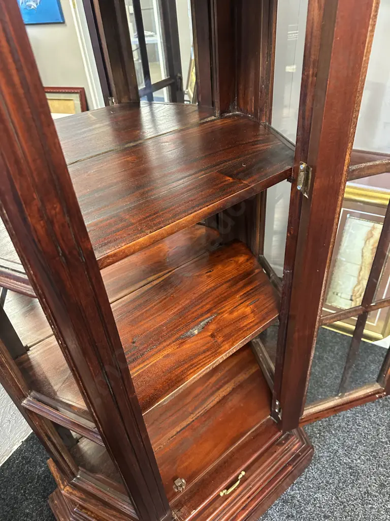 Mahogany Stained Display Cabinet Mirrored Back, Single Door, Single Drawer & Three Shelves H190 W85 D43cm. Image 1++