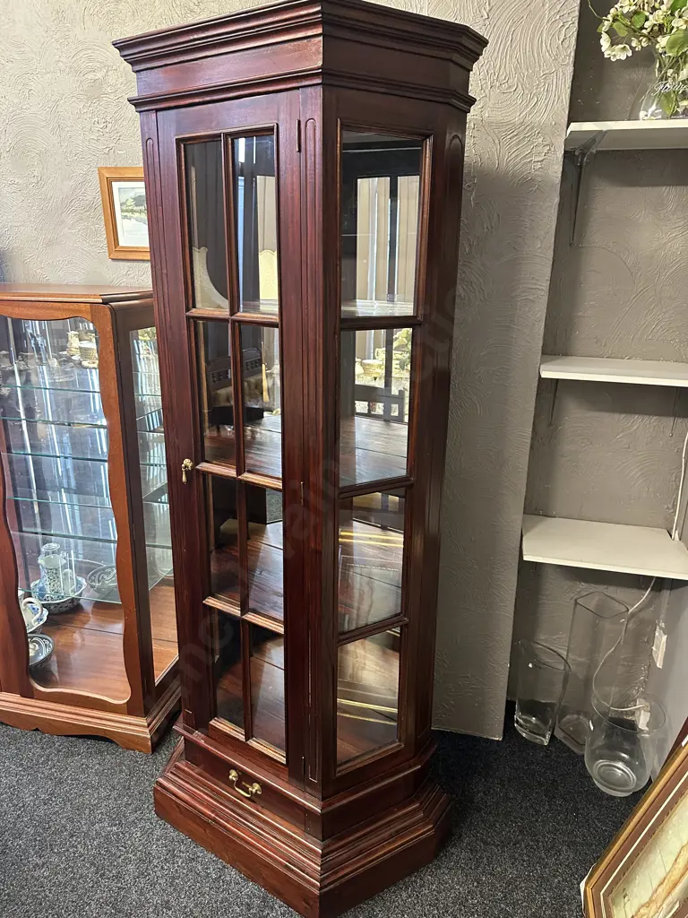 Mahogany Stained Display Cabinet Mirrored Back, Single Door, Single Drawer & Three Shelves H190 W85 D43cm. Image 1++