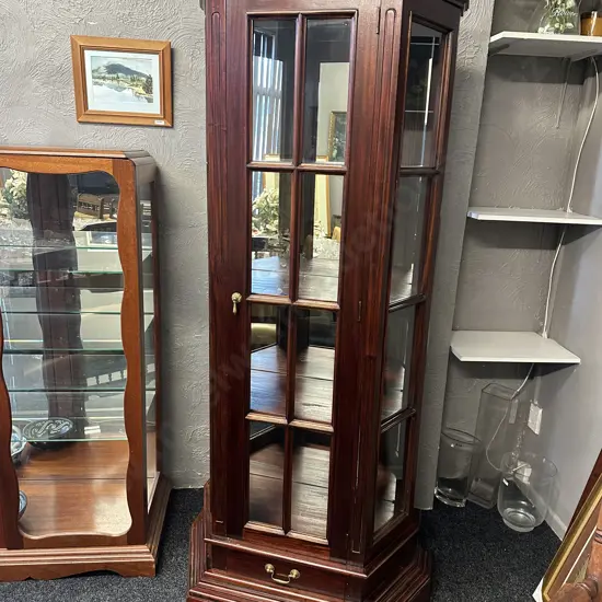 Mahogany Stained Display Cabinet Mirrored Back, Single Door, Single Drawer & Three Shelves H190 W85 D43cm.