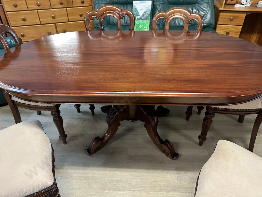Mahogany Seven Piece Dining Suite Single Pedestal, Four Feet, Ornately Carved & Cream Upholstered Chairs H74 L1.8 D103cm Image 1++