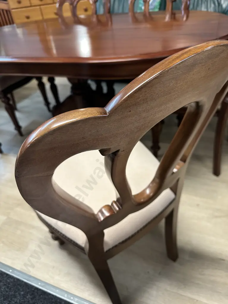 Mahogany Seven Piece Dining Suite Single Pedestal, Four Feet, Ornately Carved & Cream Upholstered Chairs H74 L1.8 D103cm Image 1++