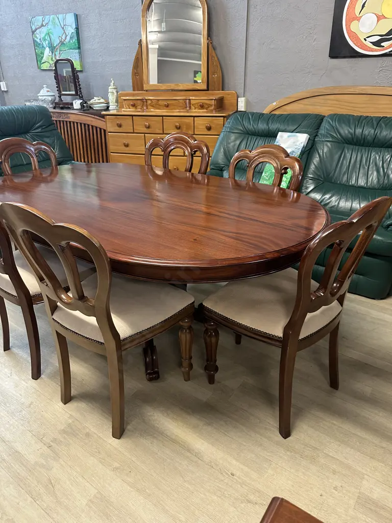 Mahogany Seven Piece Dining Suite Single Pedestal, Four Feet, Ornately Carved & Cream Upholstered Chairs H74 L1.8 D103cm Image 1++