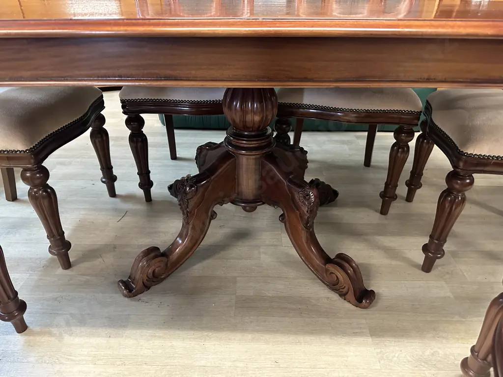 Mahogany Seven Piece Dining Suite Single Pedestal, Four Feet, Ornately Carved & Cream Upholstered Chairs H74 L1.8 D103cm Image 1++