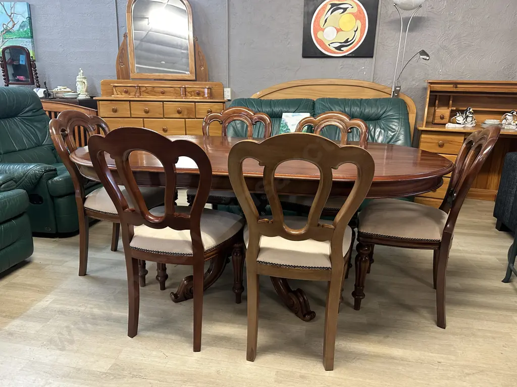Mahogany Seven Piece Dining Suite Single Pedestal, Four Feet, Ornately Carved & Cream Upholstered Chairs H74 L1.8 D103cm Image 1++