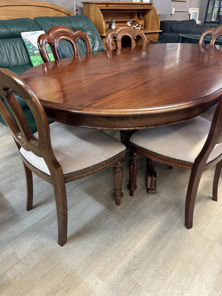 Mahogany Seven Piece Dining Suite Single Pedestal, Four Feet, Ornately Carved & Cream Upholstered Chairs H74 L1.8 D103cm Image 1++