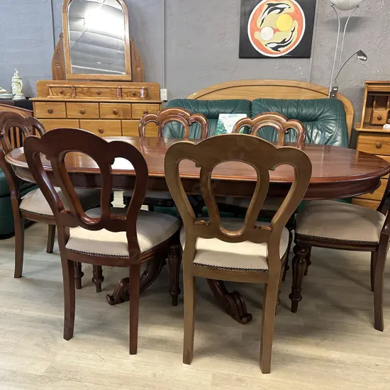 Mahogany Seven Piece Dining Suite Single Pedestal, Four Feet, Ornately Carved & Cream Upholstered Chairs H74 L1.8 D103cm