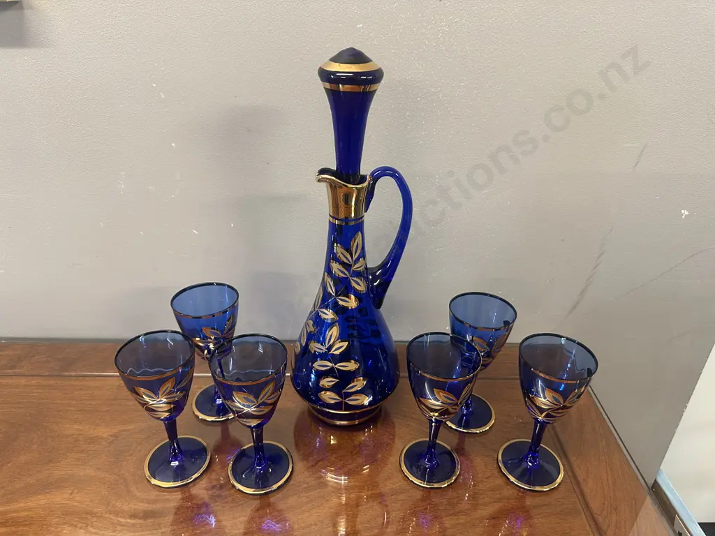 Colbalt Blue & Gold Gilt Decanter & Six Glasses With Hand Painted Leaf Motifs Image 1++
