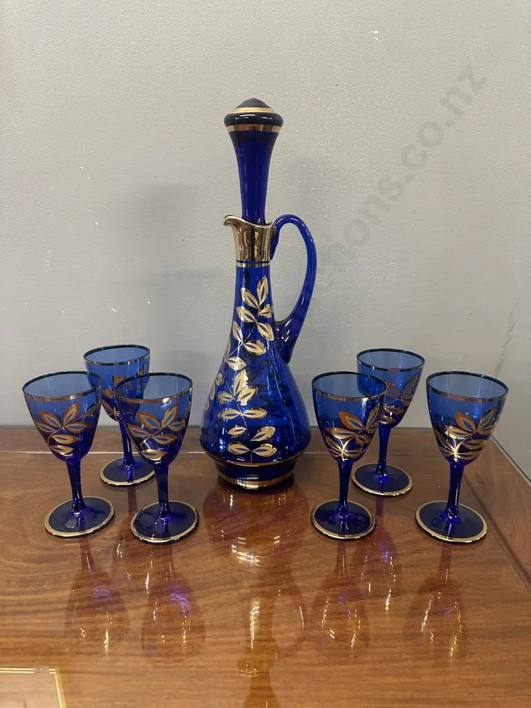 Colbalt Blue & Gold Gilt Decanter & Six Glasses With Hand Painted Leaf Motifs Image 1++