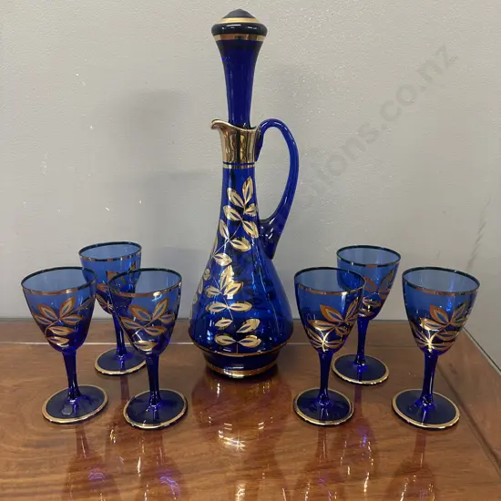 Colbalt Blue & Gold Gilt Decanter & Six Glasses With Hand Painted Leaf Motifs