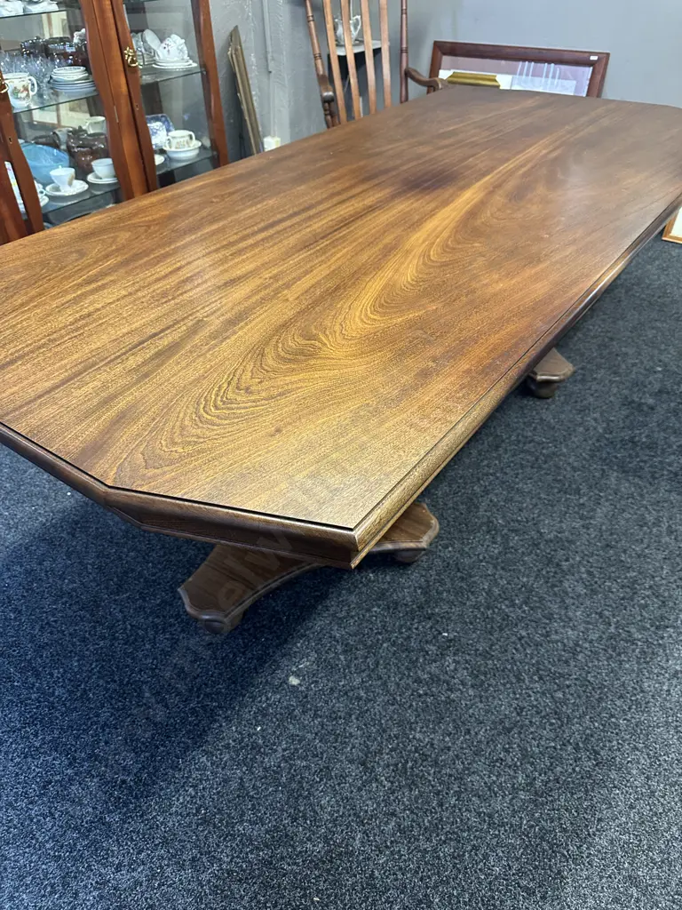 Mahogany Dining Table, Double Pedestal Base With 10 Leather Upholstered Chairs Includes 2 Carvers (Some Seats AF ) Image 1++