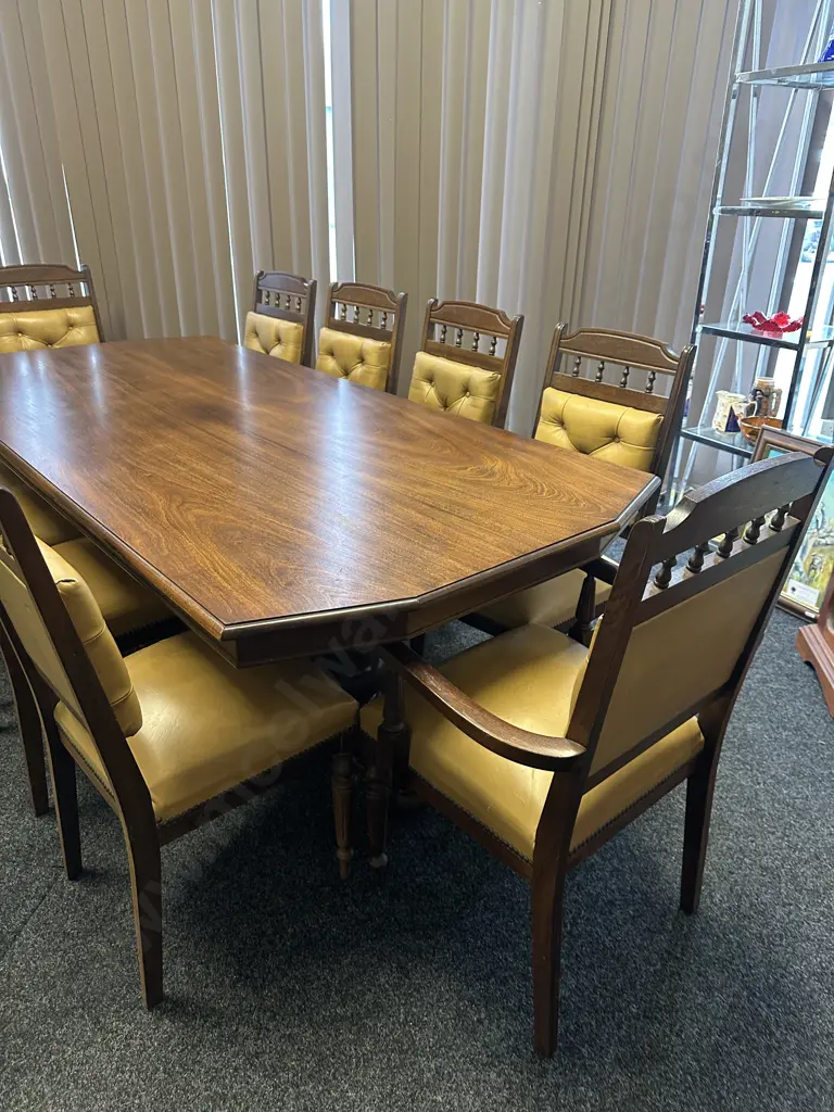 Mahogany Dining Table, Double Pedestal Base With 10 Leather Upholstered Chairs Includes 2 Carvers (Some Seats AF ) Image 1++