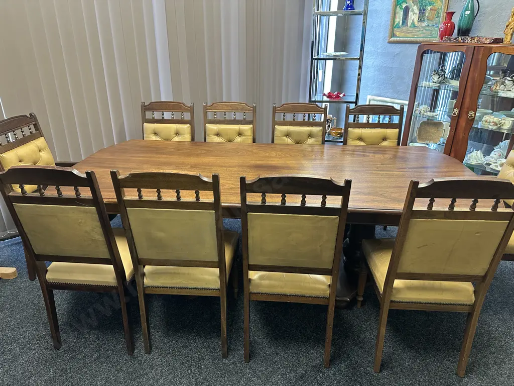 Mahogany Dining Table, Double Pedestal Base With 10 Leather Upholstered Chairs Includes 2 Carvers (Some Seats AF ) Image 1++