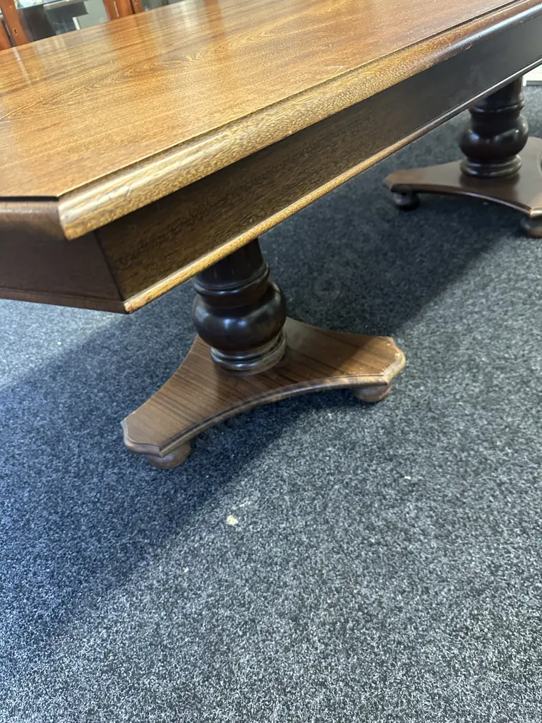 Mahogany Dining Table, Double Pedestal Base With 10 Leather Upholstered Chairs Includes 2 Carvers (Some Seats AF ) Image 1++