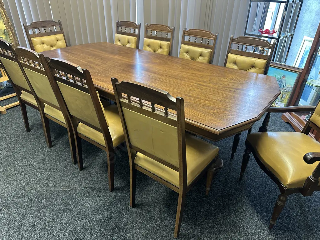 Mahogany Dining Table, Double Pedestal Base With 10 Leather Upholstered Chairs Includes 2 Carvers (Some Seats AF ) Image 1++