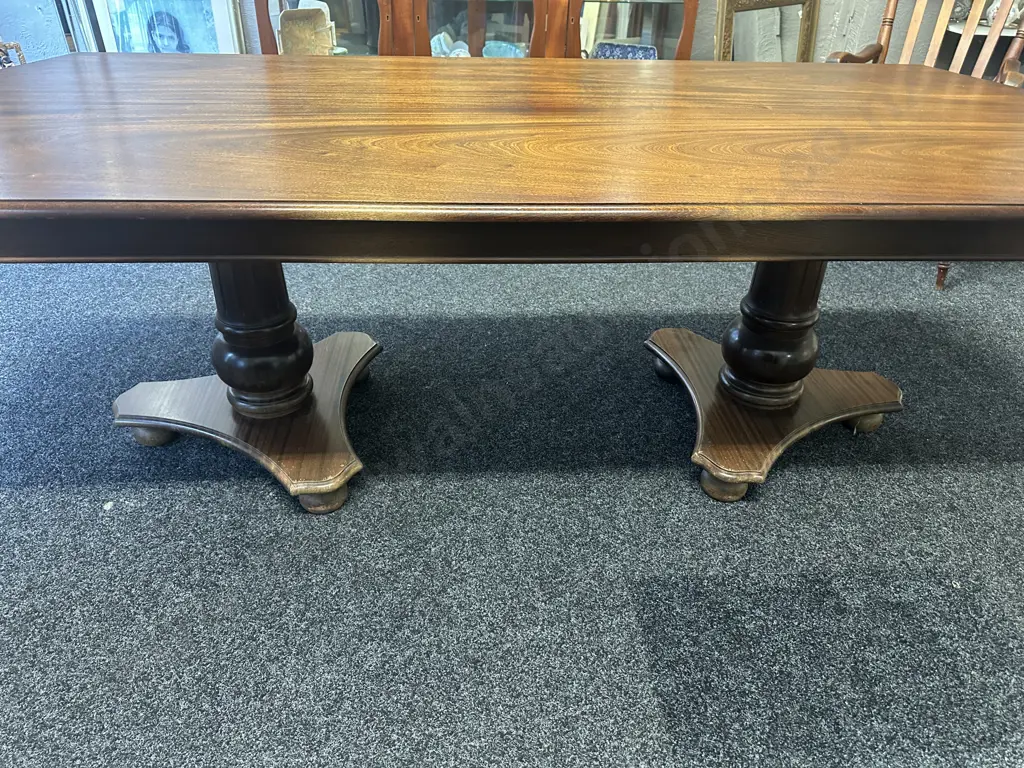 Mahogany Dining Table, Double Pedestal Base With 10 Leather Upholstered Chairs Includes 2 Carvers (Some Seats AF ) Image 1++