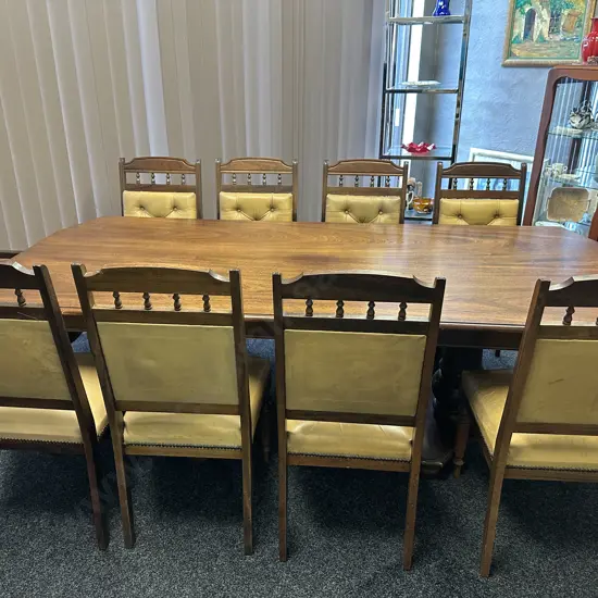 Mahogany Dining Table, Double Pedestal Base With 10 Leather Upholstered Chairs Includes 2 Carvers (Some Seats AF )
