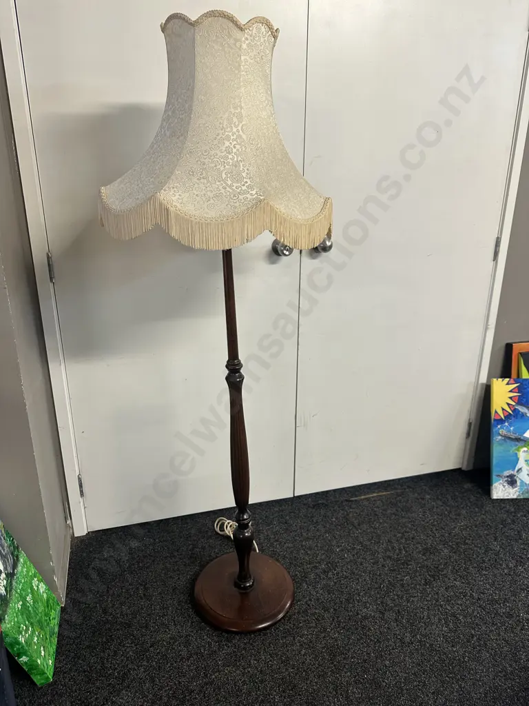 Vintage Mahogany Standard Lamp With Cream Tassled Shade Image 1++