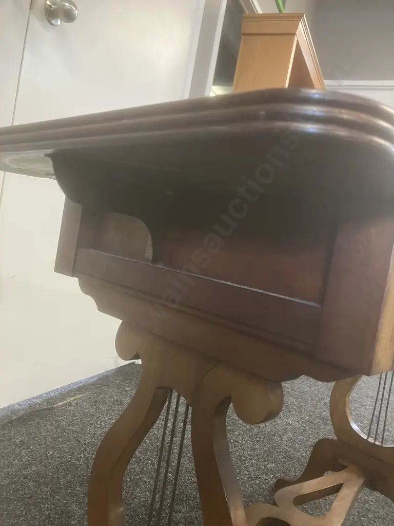 Mahogany Regency Style Drop Leaf Side Table, Lyre-Shaped End Supports, 2 Drawers. H61 W77/101 D45.5cm Image 1++