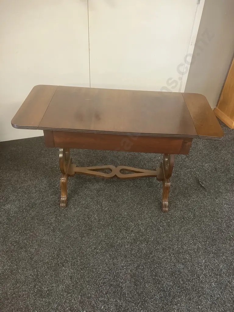 Mahogany Regency Style Drop Leaf Side Table, Lyre-Shaped End Supports, 2 Drawers. H61 W77/101 D45.5cm Image 1++