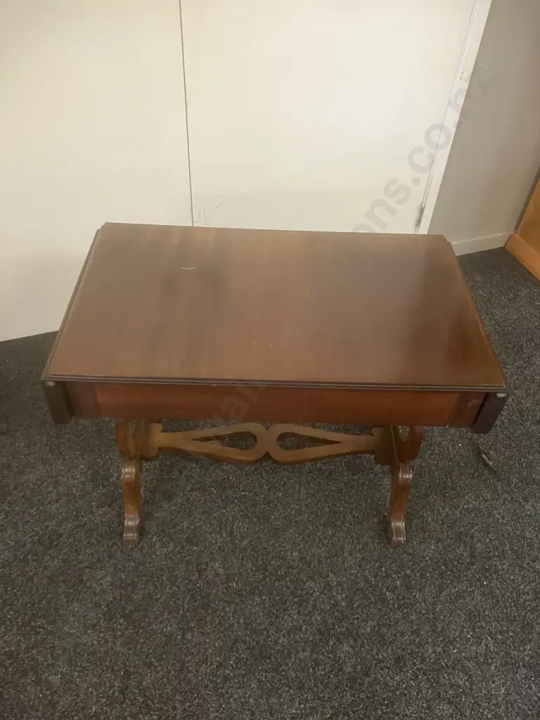Mahogany Regency Style Drop Leaf Side Table, Lyre-Shaped End Supports, 2 Drawers. H61 W77/101 D45.5cm Image 1++